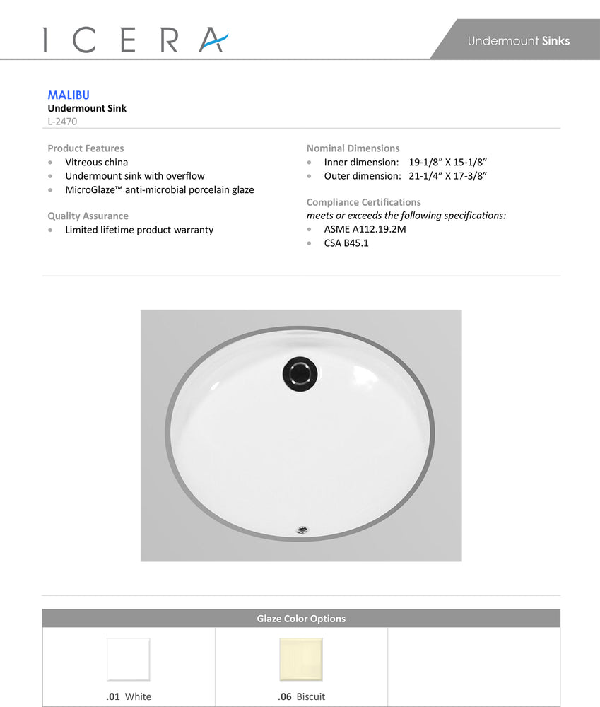 
                  
                    Malibu Home Malibu Grande Undermount Lavatory Sink Lavatory 19" White by Icera
                  
                