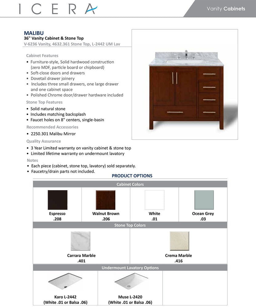 
                  
                    Malibu Home Malibu Vanity Cabinet, 36-in Single Basin with Stone Top by Icera
                  
                