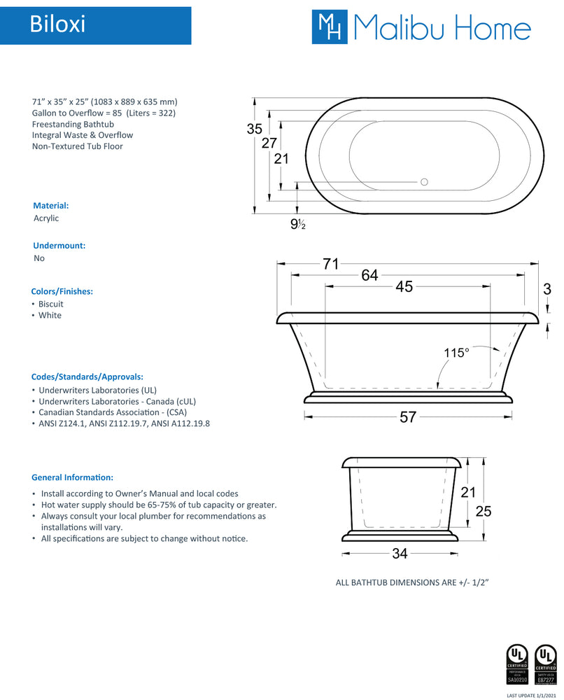 
                  
                    Malibu Biloxi Oval Soaking Bathtub 71" x 35" x 25"
                  
                