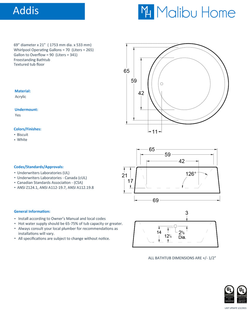 
                  
                    Malibu Addis Round Soaking Bathtub 60" x 60" x 21"
                  
                