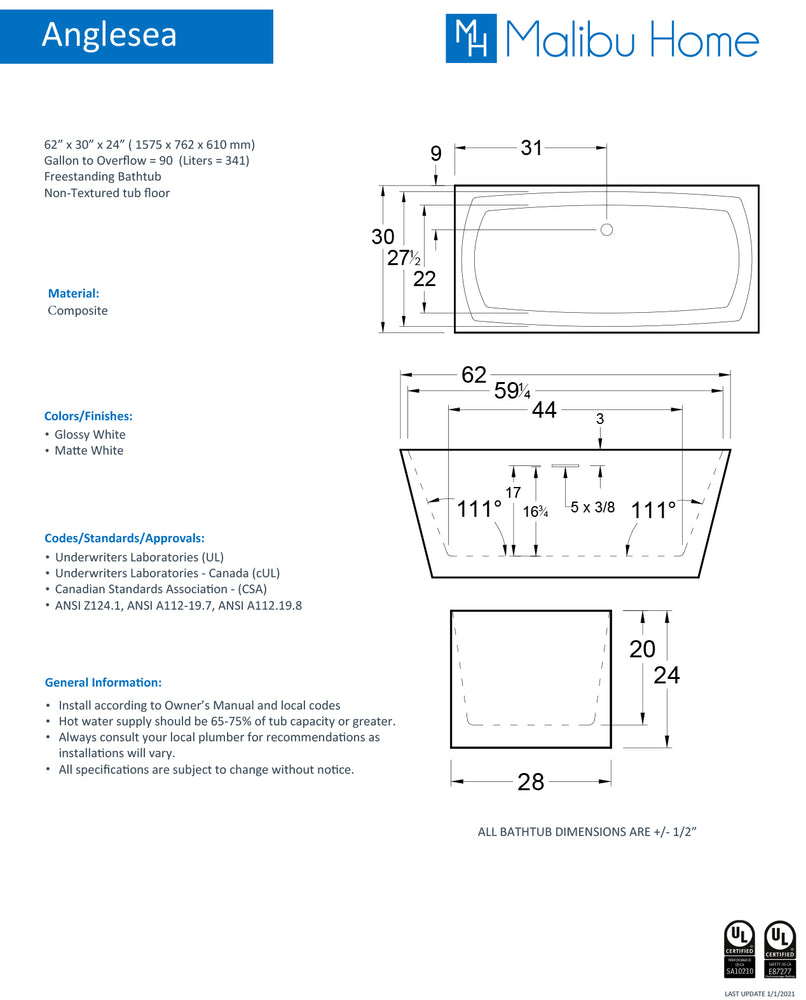 
                  
                    Malibu Anglesea Rectangle Soaking Bathtub 62" x 30" x 24"
                  
                