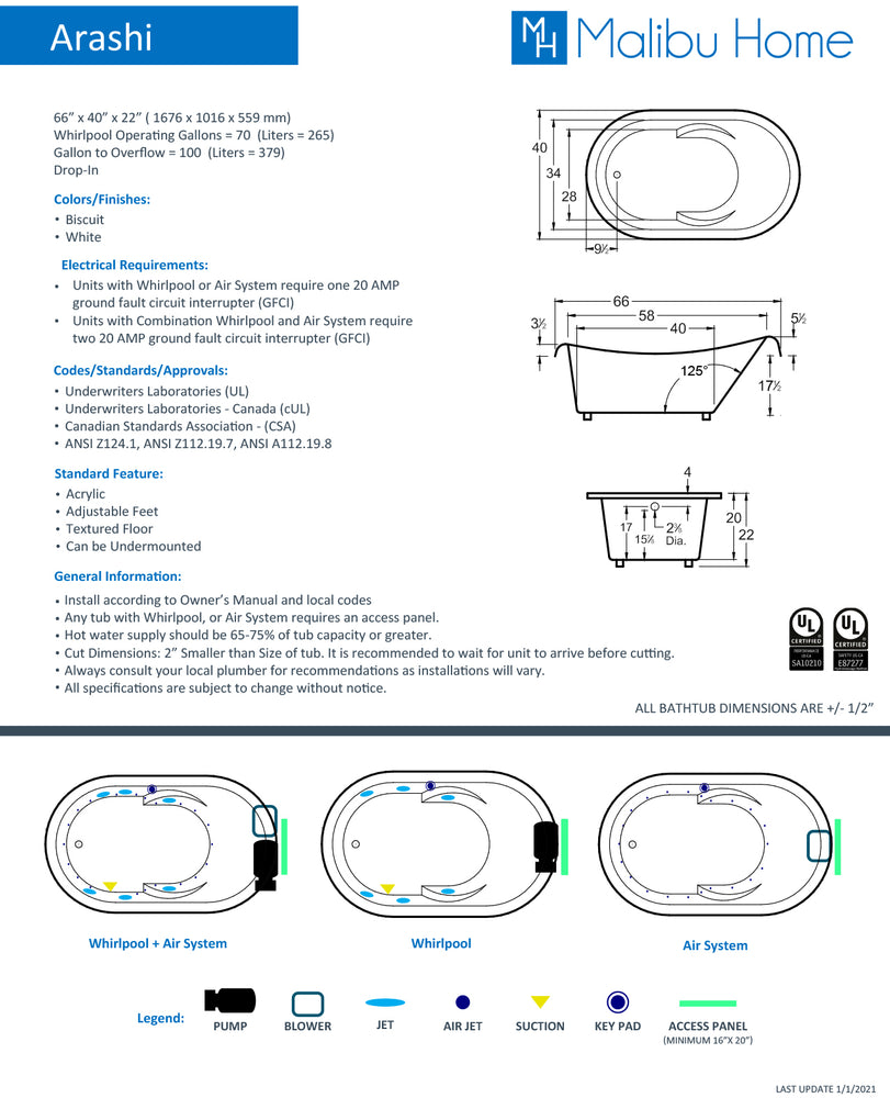 
                  
                    Malibu Arashi Oval Soaking Bathtub 66" x 40" x 22"
                  
                