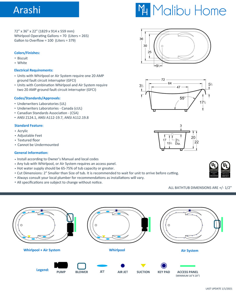 
                  
                    Malibu Arashi Oval Soaking Bathtub 72" x 36" x 22"
                  
                