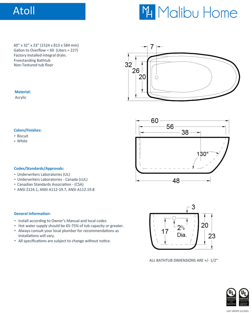 
                  
                    Malibu Atoll Oval Soaking Bathtub 60" x 32" x 23"
                  
                