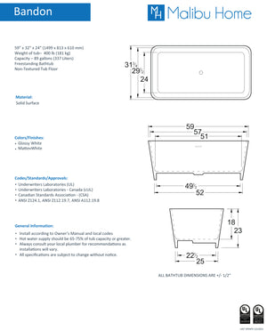 
                  
                    Malibu Bandon Rectangle Soaking Bathtub 59" x 32" x 24"
                  
                