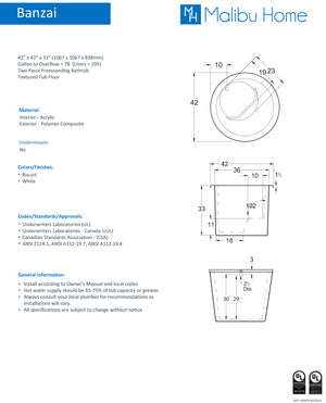 
                  
                    Malibu Banzai Round Soaking Bathtub 42" x 42" x 33"
                  
                