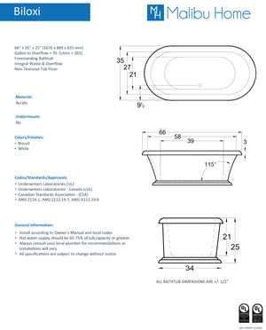 
                  
                    Malibu Biloxi Oval Soaking Bathtub 66" x 35" x 25"
                  
                