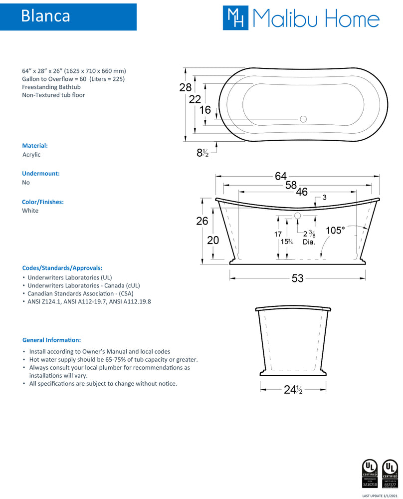 
                  
                    Malibu Blanca Oval Soaking Bathtub 64" x 28" x 26"
                  
                