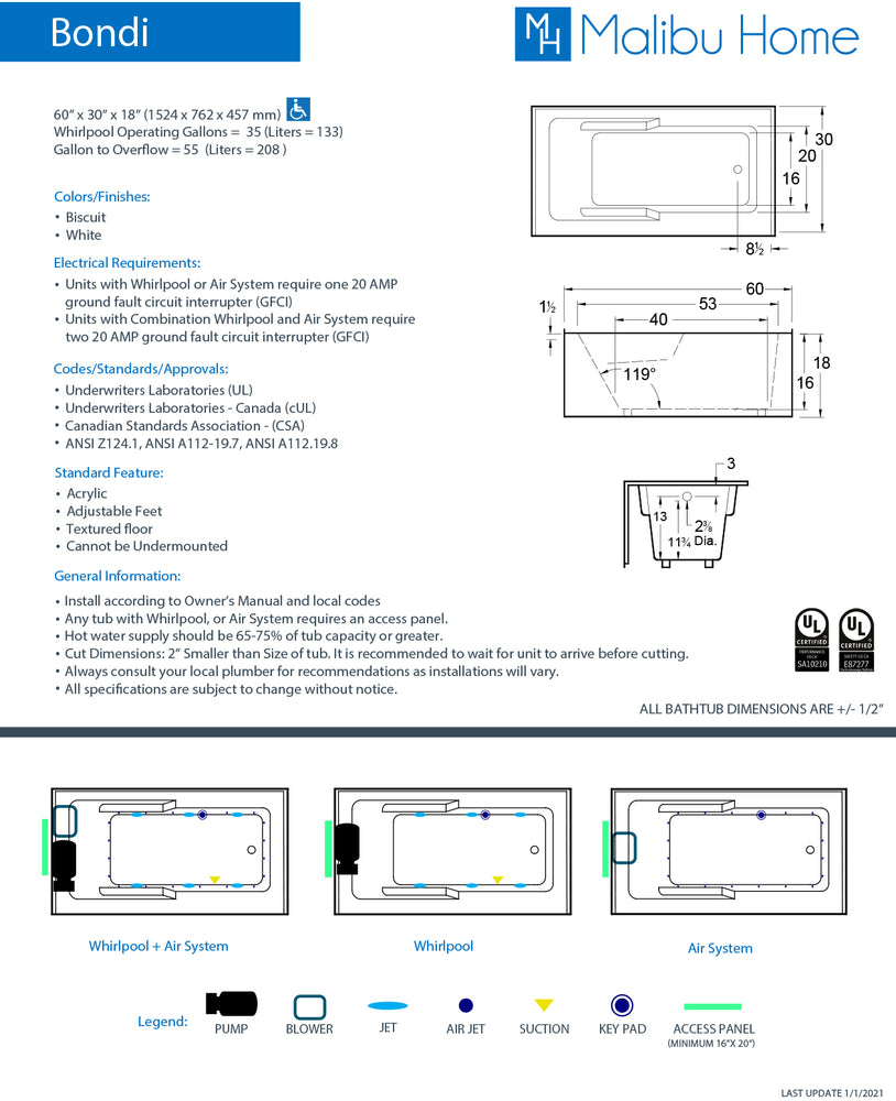 
                  
                    Malibu Bondi ADA RH Rectangle Combination Whirlpool & Air Jet Bathtub 60" x 30" x 18"
                  
                