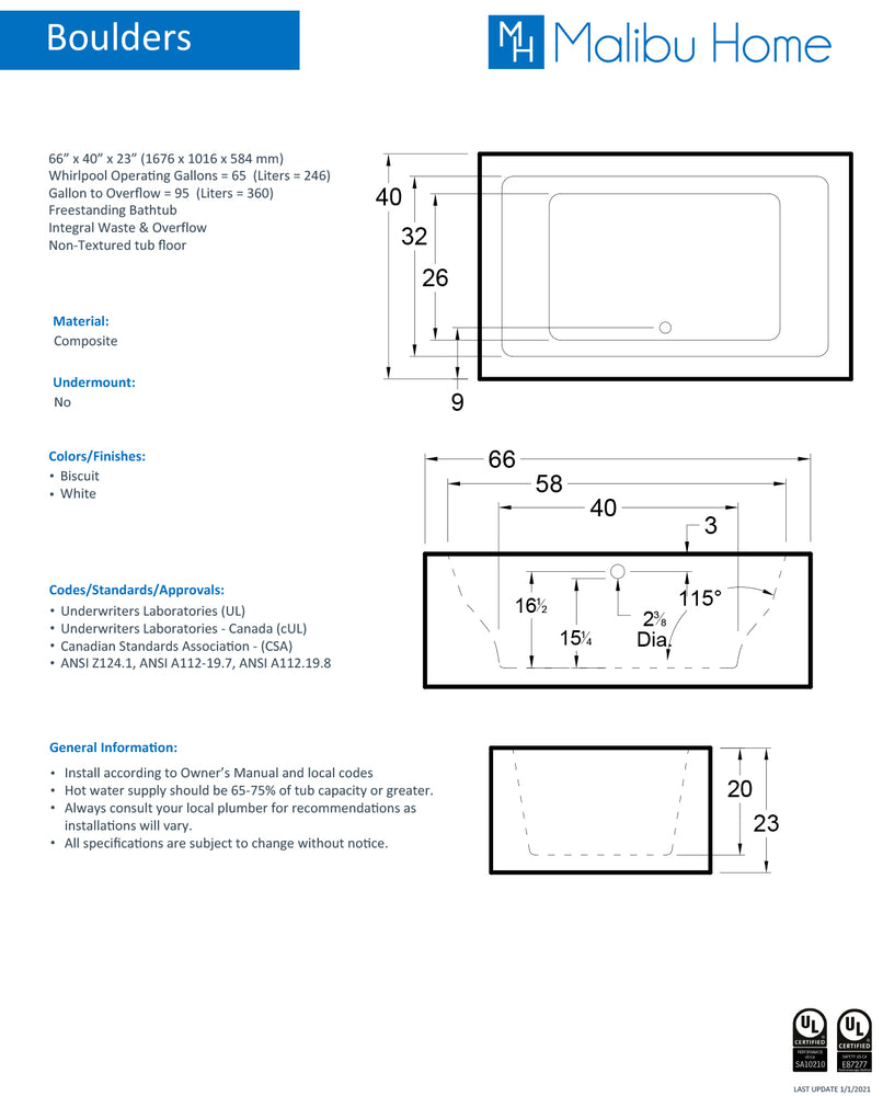 
                  
                    Malibu Boulders Rectangle Combination Whirlpool & Air Jet Bathtub 66" x 40" x 23"
                  
                