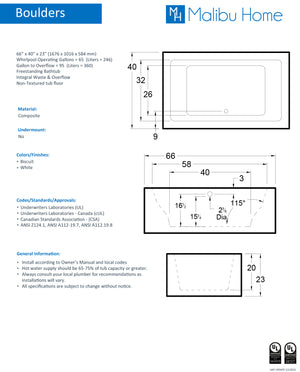 
                  
                    Malibu Boulders Rectangle Combination Whirlpool & Air Jet Bathtub 66" x 40" x 23"
                  
                