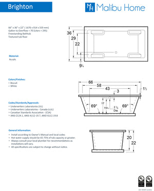 
                  
                    Malibu Brighton Rectangle Soaking Bathtub 66" x 36" x 22"
                  
                