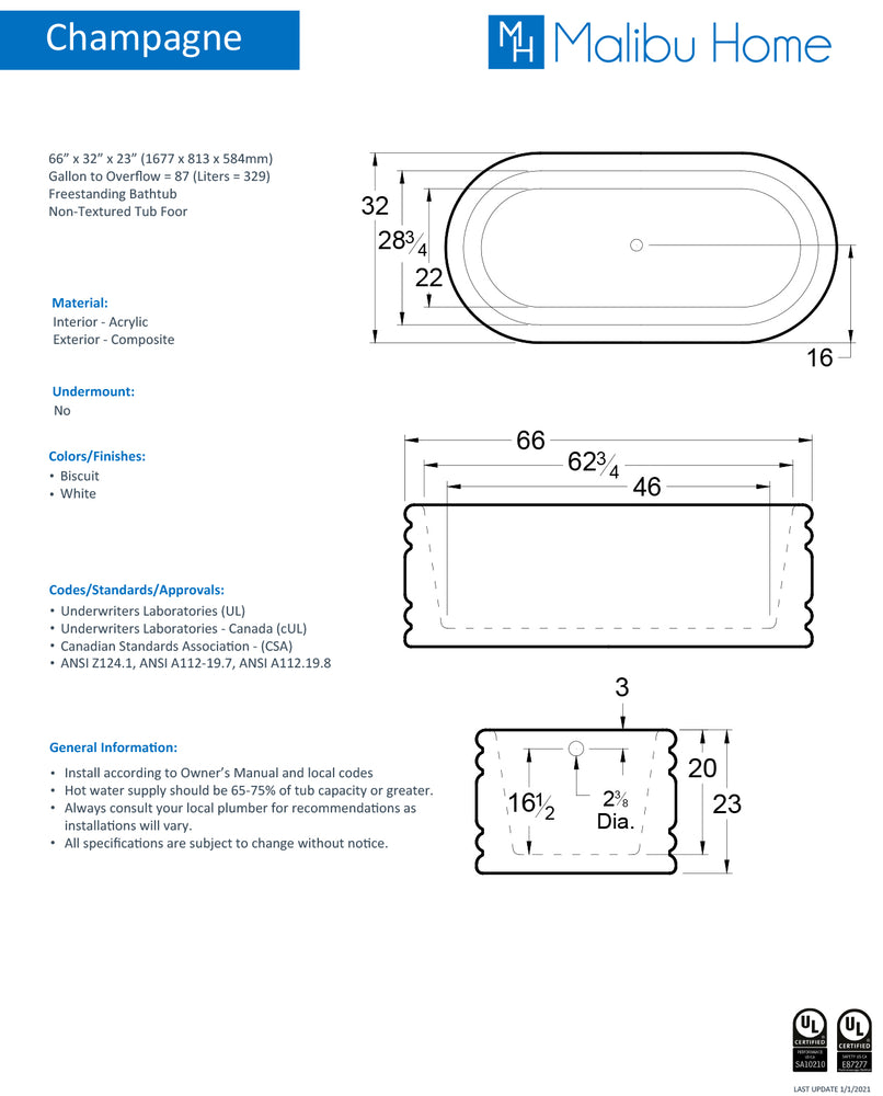 
                  
                    Malibu Champagne Oval Soaking Bathtub 66" x 32" x 23"
                  
                