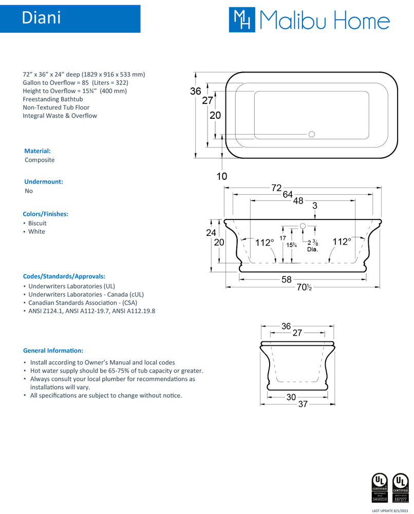 
                  
                    Malibu Diani Oval Soaking Bathtub 72" x 36" x 24"
                  
                