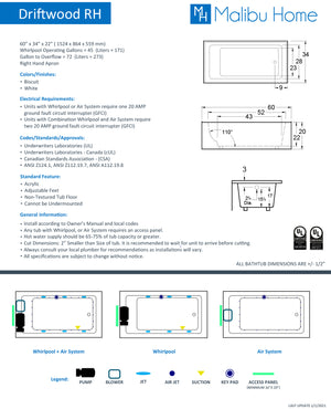 
                  
                    Malibu Driftwood RH Rectangle Combination Whirlpool & Air Jet Bathtub 60" x 34" x 22"
                  
                