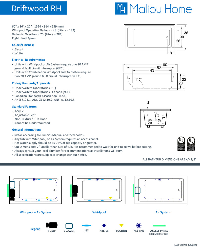 
                  
                    Malibu Driftwood RH Rectangle Combination Whirlpool & Air Jet Bathtub 60" x 36" x 22"
                  
                