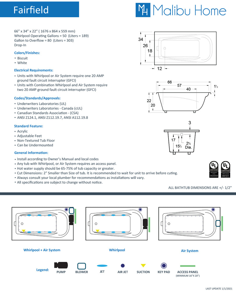 
                  
                    Malibu Fairfield Rectangle Whirlpool Bathtub 66" x 34" x 22"
                  
                