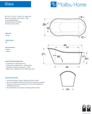 
                  
                    Malibu Glass Oval Soaking Bathtub 60" x 29" x 27"
                  
                