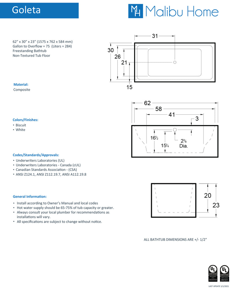 
                  
                    Malibu Goleta Rectangle Soaking Bathtub 62" x 30" x 23"
                  
                