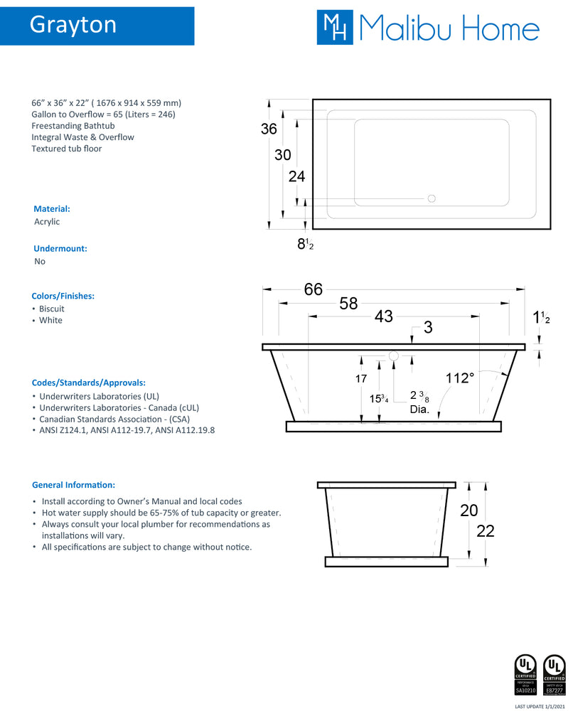 
                  
                    Malibu Grayton Rectangle Soaking Bathtub 66" x 36" x 22"
                  
                