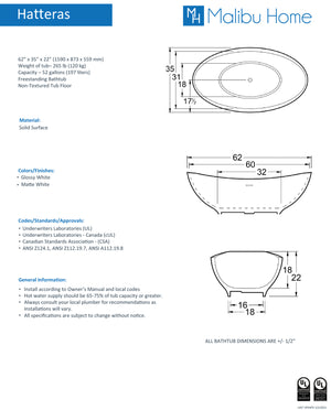 
                  
                    Malibu Hatteras Oval Soaking Bathtub 63" x 34" x 22"
                  
                