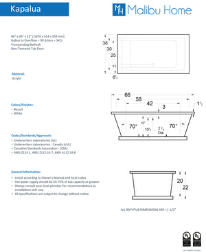 
                  
                    Malibu Kapalua Rectangle Soaking Bathtub 66" x 36" x 22"
                  
                