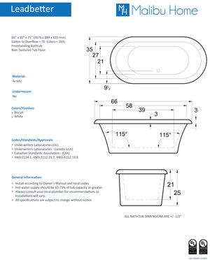 
                  
                    Malibu Leadbetter Oval Soaking Bathtub 66" x 35" x 25"
                  
                