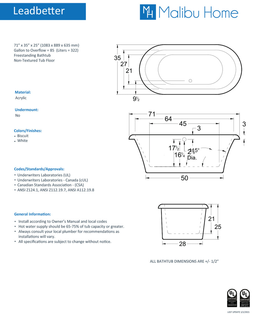 
                  
                    Malibu Leadbetter Oval Soaking Bathtub 71" x 35" x 25"
                  
                