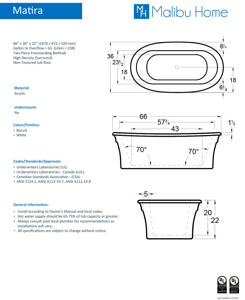 
                  
                    Malibu Matira Oval Soaking Bathtub 66" x 36" x 22"
                  
                