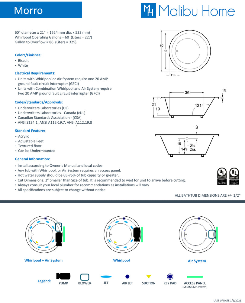 
                  
                    Malibu Morro Round Combination Whirlpool & Air Jet Bathtub 60" x 60" x 21"
                  
                