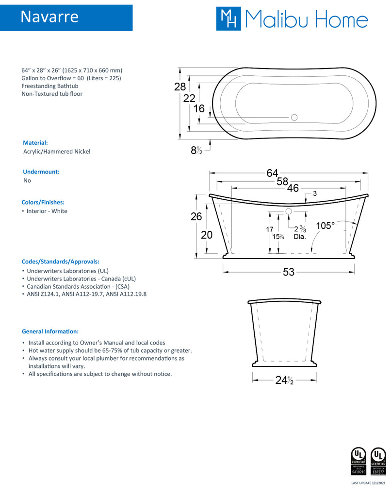 
                  
                    Malibu Navarre Oval Soaking Bathtub 64" x 28" x 26" Hammered Nickel
                  
                