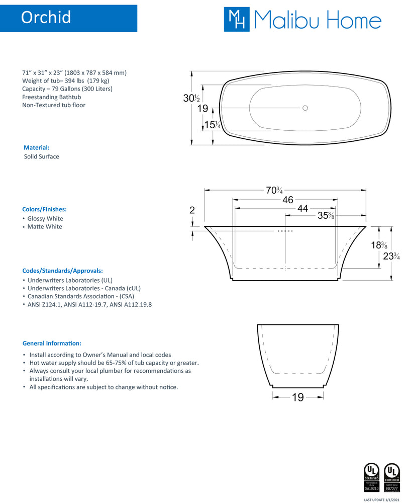 
                  
                    Malibu Orchid Rectangle Soaking Bathtub 71" x 31" x 23"
                  
                