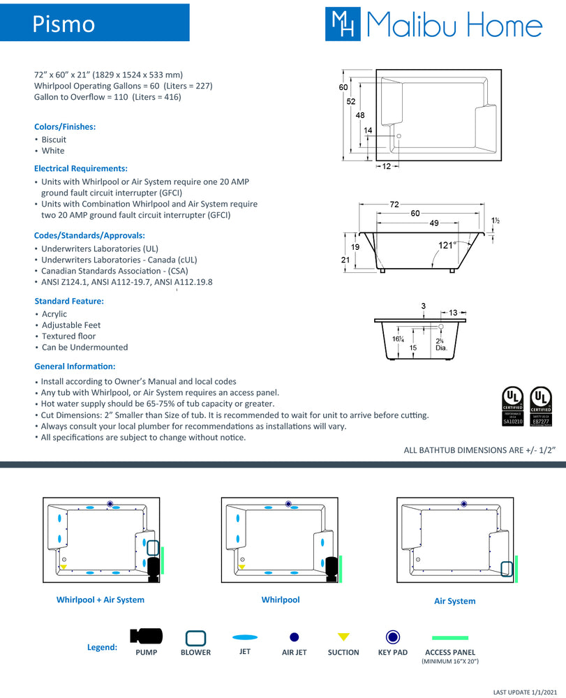 
                  
                    Malibu Pismo Rectangle Soaking Bathtub 72" x 60" x 22"
                  
                