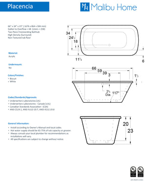 
                  
                    Malibu Placencia Rectangle Soaking Bathtub 66" x 34" x 23"
                  
                