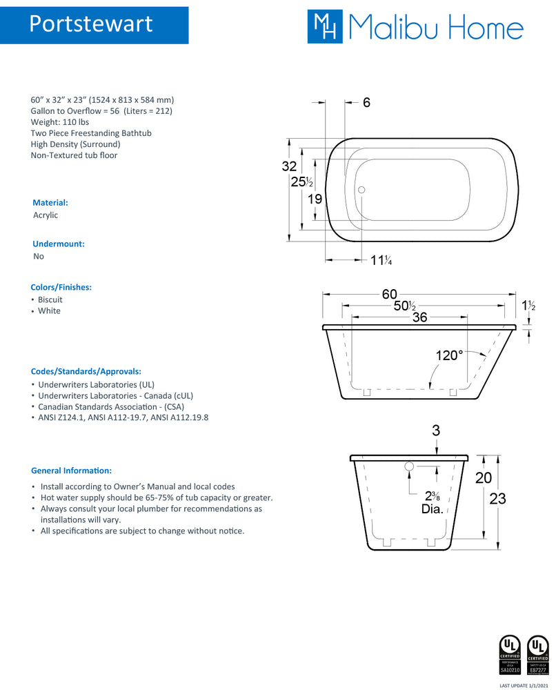 
                  
                    Malibu Portstewart Rectangle Soaking Bathtub 60" x 32" x 23"
                  
                