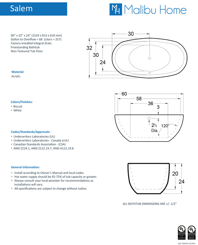 
                  
                    Malibu Salem Oval Soaking Bathtub 60" x 32" x 24"
                  
                