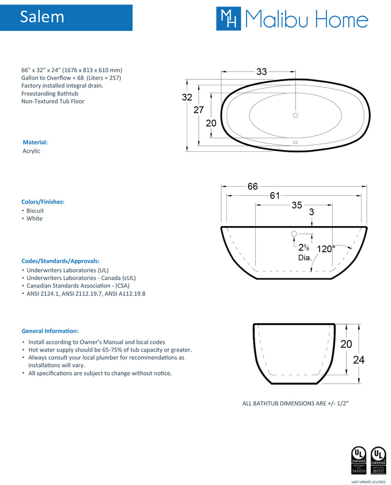 
                  
                    Malibu Salem Oval Soaking Bathtub 66" x 32" x 24"
                  
                