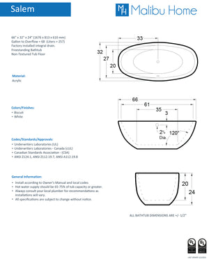 
                  
                    Malibu Salem Oval Soaking Bathtub 66" x 32" x 24"
                  
                