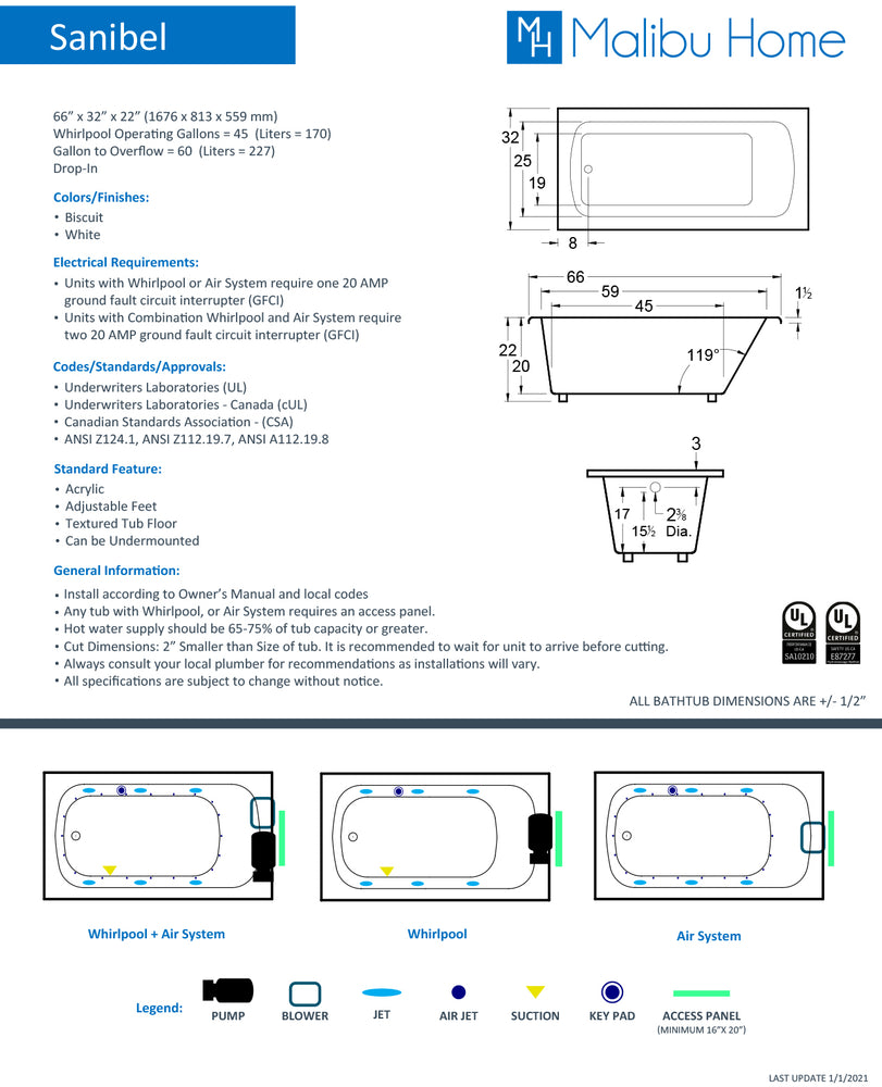 
                  
                    Malibu Sanibel Rectangle Combination Whirlpool & Air Jet Bathtub 66" x 32" x 22"
                  
                