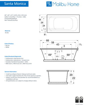 
                  
                    Malibu Santa Monica Rectangle Soaking Bathtub 66" x 36" x 22"
                  
                