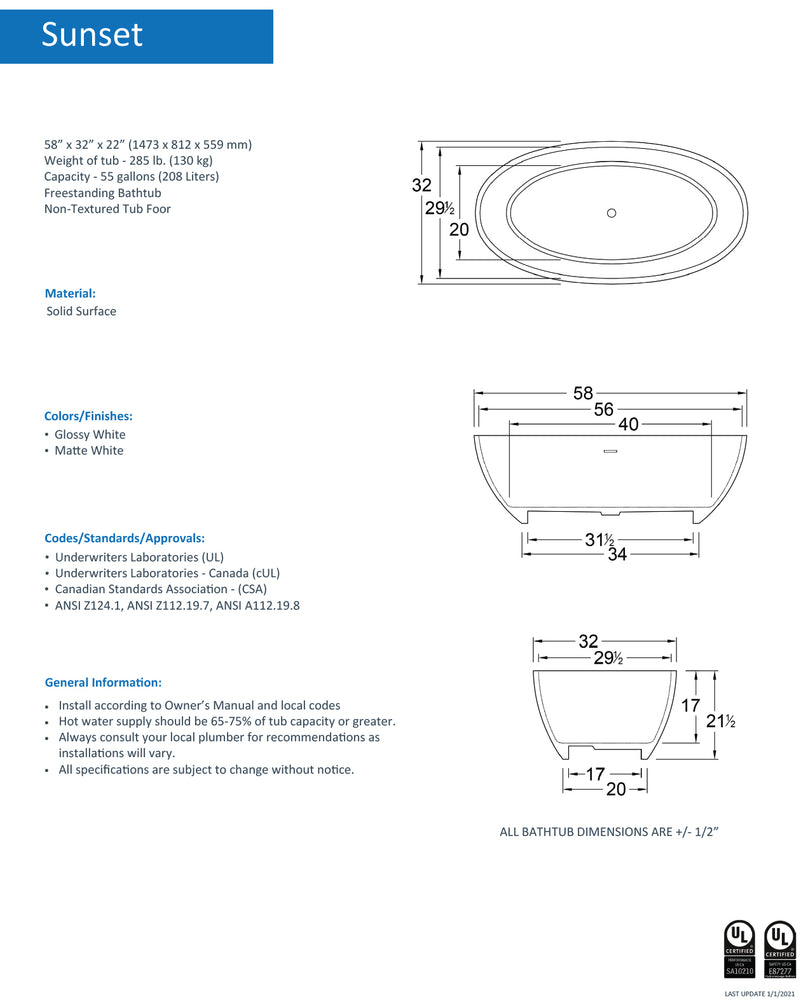 
                  
                    Malibu Sunset Oval Soaking Bathtub 58" x 32" x 22"
                  
                