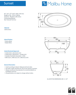 
                  
                    Malibu Sunset Oval Soaking Bathtub 65" x 34" x 22"
                  
                