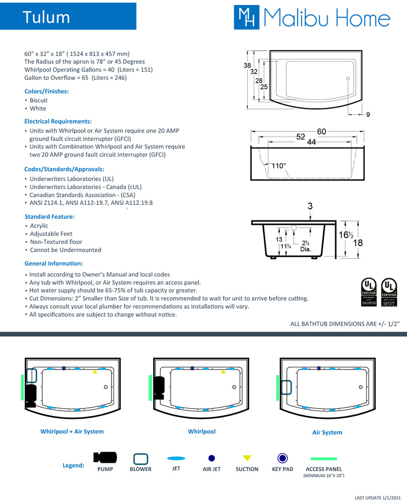 
                  
                    Malibu Tulum RH Rectangle Whirlpool Bathtub 60" x 32" x 18"
                  
                