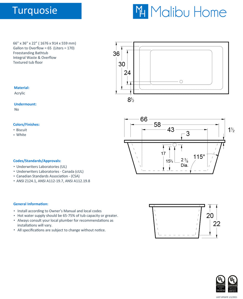 
                  
                    Malibu Turquosie Rectangle Soaking Bathtub 66" x 36" x 22"
                  
                