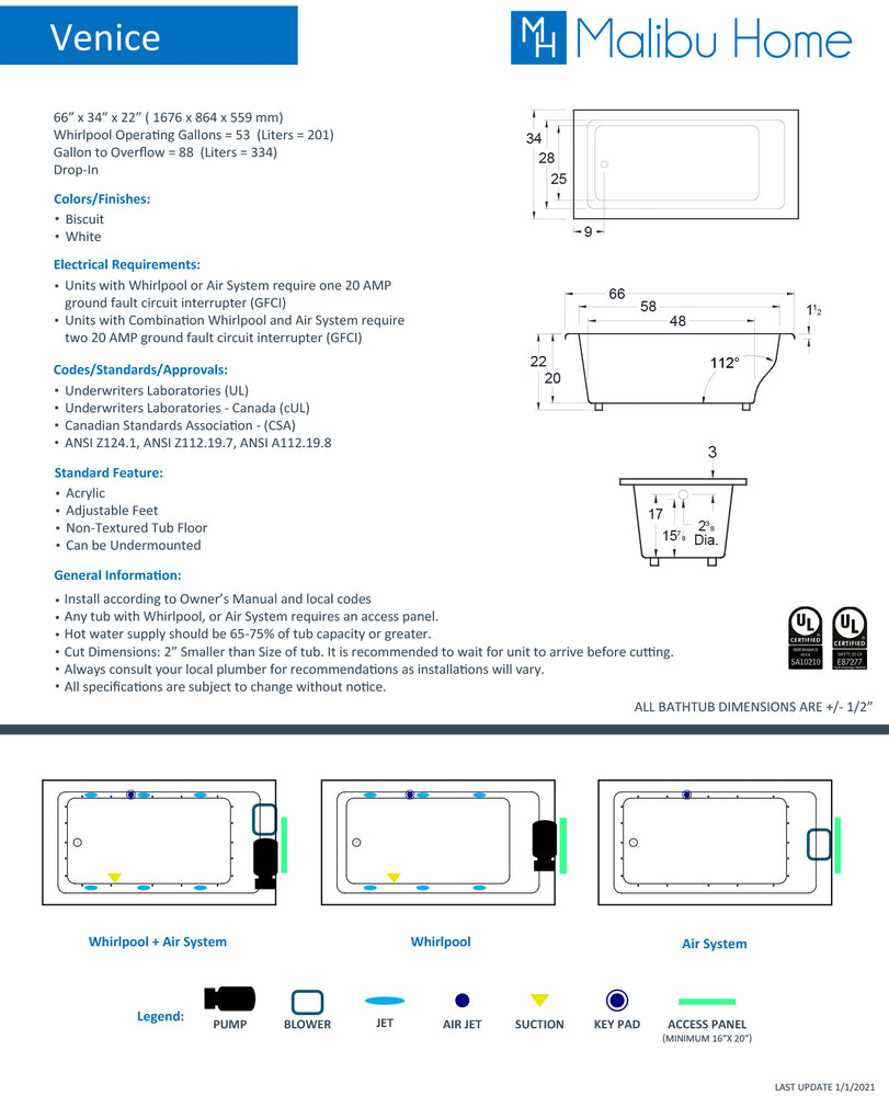 
                  
                    Malibu Venice Rectangle Soaking Bathtub 66" x 34" x 22"
                  
                